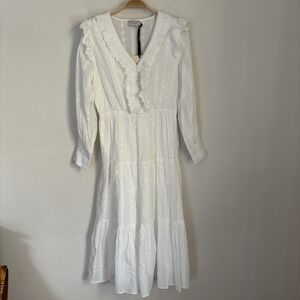 NEW Dress Forum Eyelet Lace Ruffled Tiered Midi Dress Modest Cottagecore M